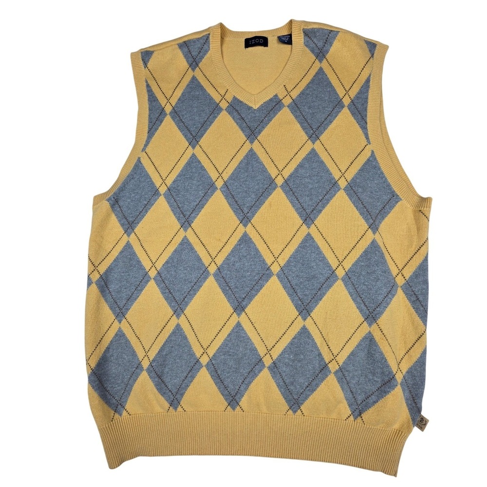 IZOD Mens Argyle Sweater Vest Yellow‎ Grey V-Neck Cotton Knit Medium 4536482